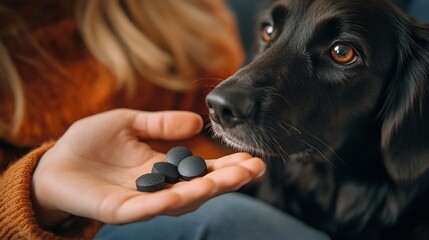 Woman holding a activated charcoal tablet to her dogs first aid help for poisoning or diarrhea coal for pets : Generative AI