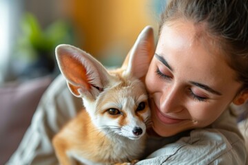 Woman hugging fennec fox in home living room.