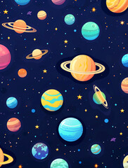 Cartoon solar system planets, vector illustration, colorful seamless pattern with stars, dark background