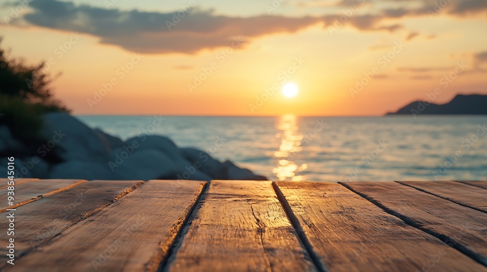 Poster worn old brown table of empty space for your decoration and summer landscape of sea with sunset time