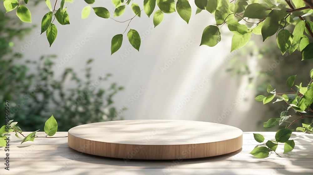 Poster empty wooden podium texture on tabletop with tree branch fresh green leaf white space backgroundorga