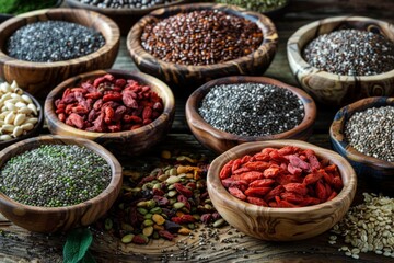 Assortment of superfoods in wooden bowls, including seeds and goji berries