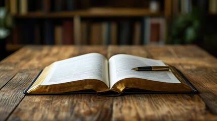 An open book on a wooden table, with a pen resting on the pages, ready for writing