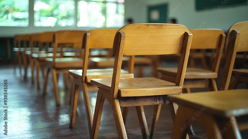 Aufkleber selective soft and blur focusold wooden row lecture chairs in classroom in poor schoolstudy room without studentconcept for education : Generative AI