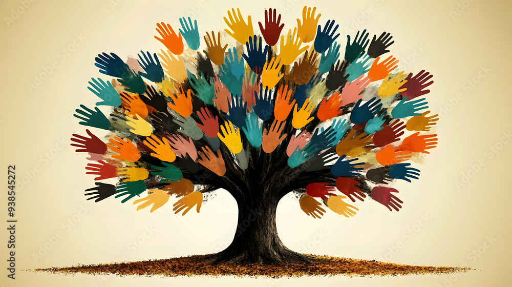 Aufkleber colorful handprints form a tree symbolizing unity and growth.