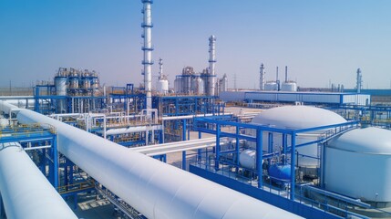 Naklejka premium Industrial facility showcasing pipelines, storage tanks, and processing units against a clear blue sky, representing modern manufacturing.