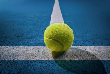 Tennis ball is on the line. Close-up with shadow.