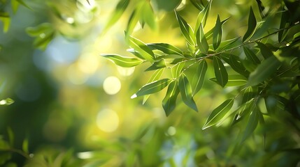 A close-up view of vibrant green leaves illuminated by soft sunlight, creating a serene and natural atmosphere.