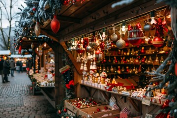 Fototapeta premium Christmas market with stalls selling ornaments and gifts