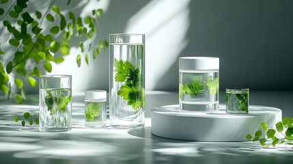 Front view of seaweed leaves on flasks and transparent podium decorated on backlit background Scene for advertising cosmetic of seaweed extract has the effect of treating acne detoxing : Generative AI