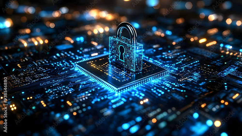 Poster cyber security concept with a digital padlock on a circuit board.