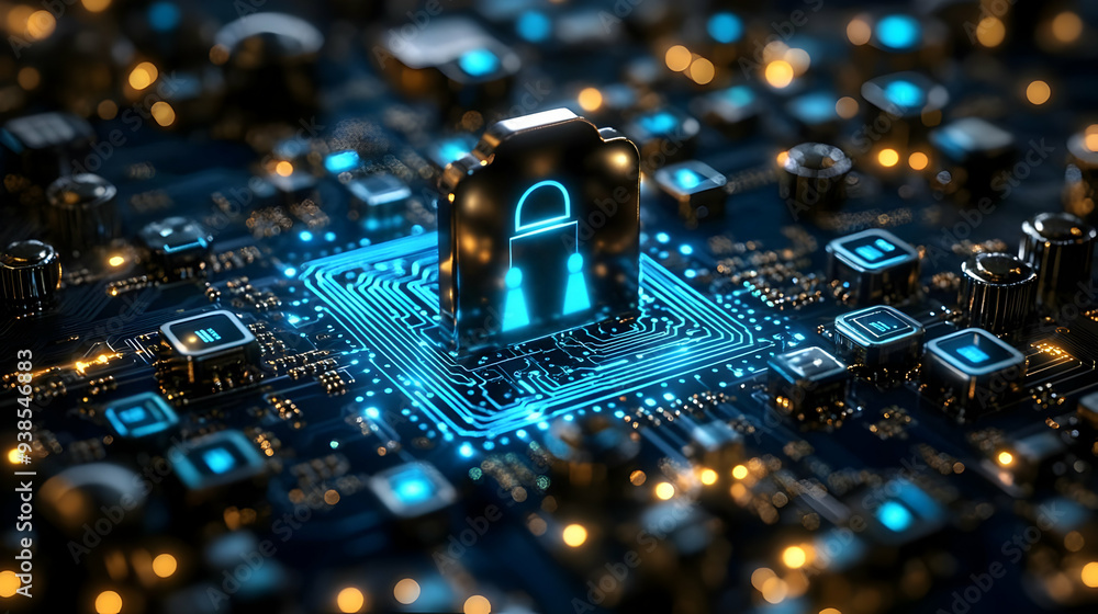 Poster cyber security concept with a lock icon on a circuit board.