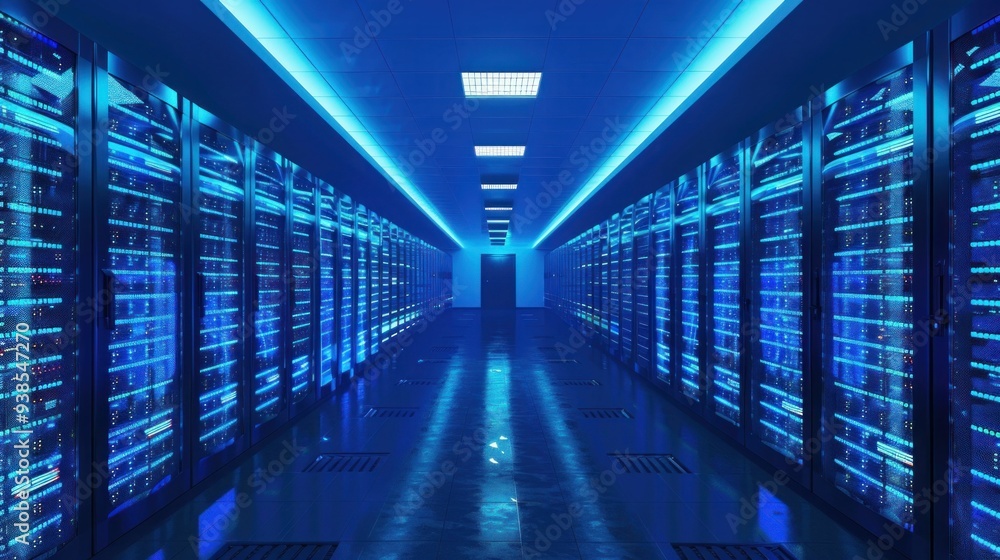 Aufkleber futuristic data center hallway with rows of servers and illuminated blue lights in technology enviro