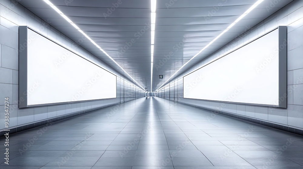 Fototapete ooh extrreme horizontal blank advertising billboard poster template mock up in a long tunnel walkway