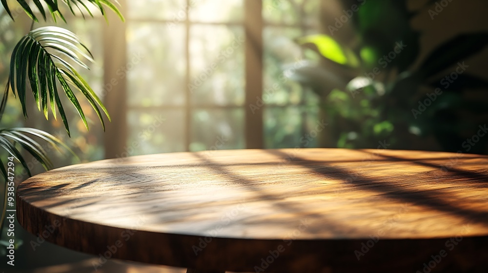 Poster Table  for product display with brown background shadows and natural sun light : Generative AI