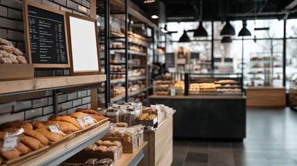 A cozy bakery interior showcasing a variety of freshly baked goods, including pastries and bread, with a warm, inviting atmosphere.