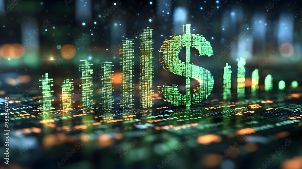 Poster digital dollar sign rising above a data driven graph.