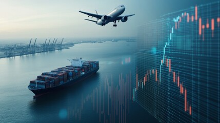 An aerial view of air and sea transportation, featuring a plane and cargo ship alongside a digital chart, symbolizing global trade.