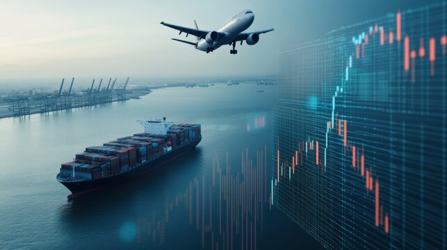 An aerial view of air and sea transportation, featuring a plane and cargo ship alongside a digital chart, symbolizing global trade. - Powered by Adobe