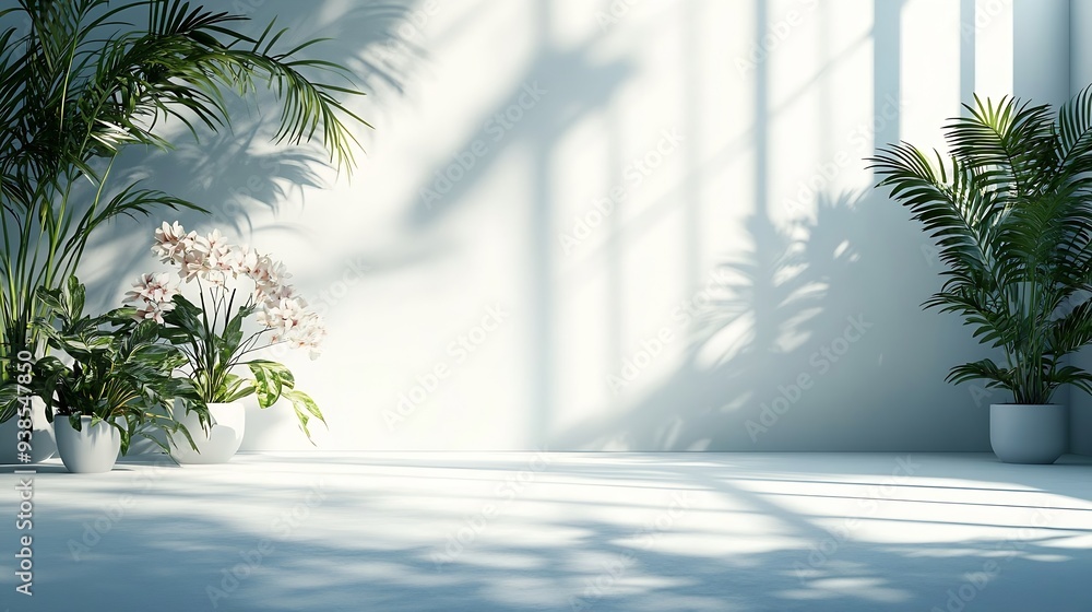 Poster Abstract white studio background for product presentation Empty room with shadows of window and flowers and palm leaves  3d room with copy space Summer concert Blurred backdrop : Generative AI