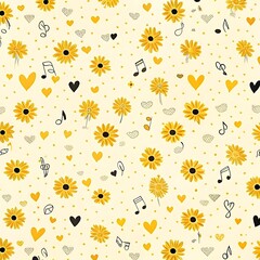 Obraz premium Yellow Flower and Heart Pattern - Cute Floral Digital Design