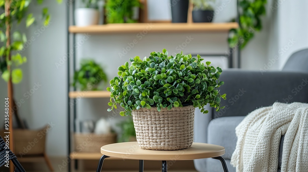 Poster Shelf unit with artificial plants and armchair in living room : Generative AI