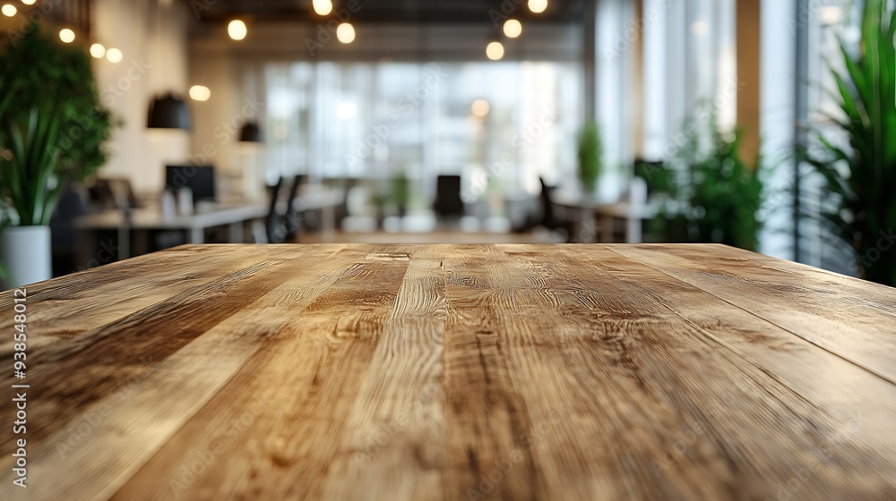 Aufkleber Wooden top with blurred empty office room background can be used for mocking up or display product to make advertising : Generative AI