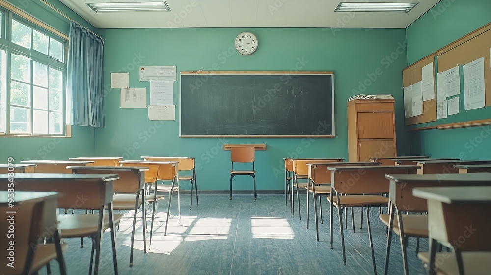 Poster empty classroom with chairs desks and chalkboard : generative ai