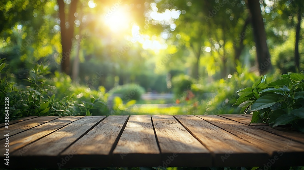 Poster empty wood table top with blur background of nature lush green forest the table giving copy space fo