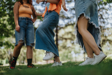 Fototapeta premium Young teenagers enjoying their time together in the park, showcasing their friendship and joy with moments of laughter and happiness.