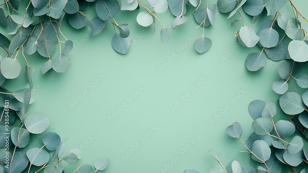 Poster Eucalyptus branch and leaves frame and creative layout on green background Top view flat lay Floral composition Design element Color card : Generative AI