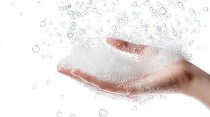 Fototapeta premium A close-up of a female hand holding a heap of foam bubbles against a white background, emphasizing cleanliness and hygiene.