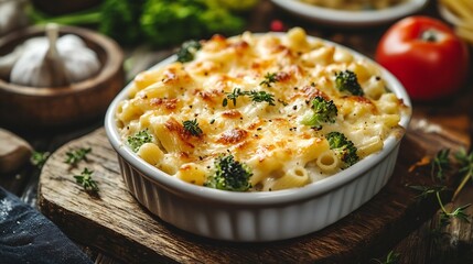 Chicken broccoli pasta baked in creamy sauce and cheese Delicious hot lunch meal dinner or breakfast Healthy eating concept Close up view food White wooden table Chicken fillet vegetab : Generative AI