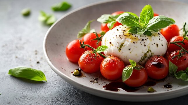Traditional Italian salad with Burrata cheese and tomatoes Fancy caprese with burrata cheese cherry tomatoes pesto and balsamic sauces Summer dish with mozzarella cheese on white table : Generative AI