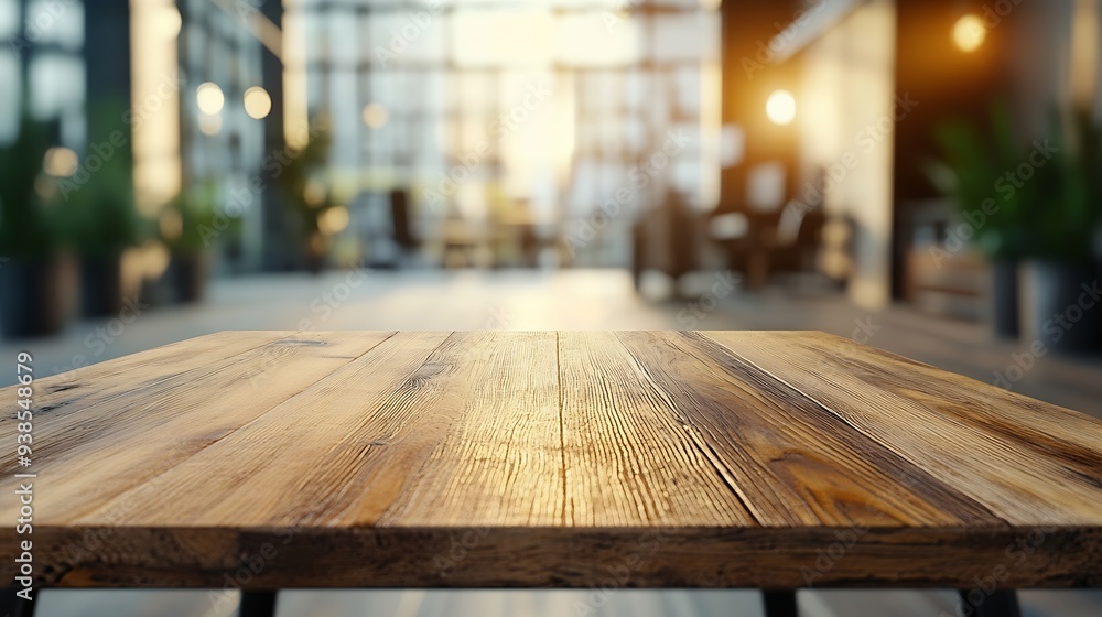 Poster on the blurred background of the empty office room a wooden board rested top the table : generative 