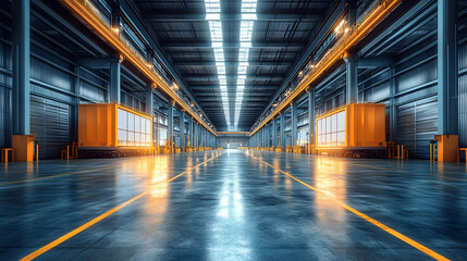 Empty Industrial Warehouse with Bright Lighting and Yellow Lines on Floor.