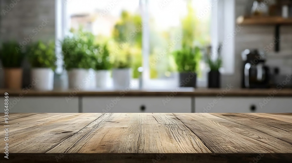 Poster kitchen table background wood counter top on blur of white clean abstract home interior with bokeh u