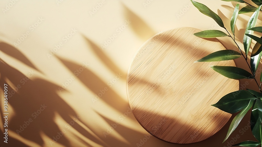 Poster wooden podium top view with leaves shadows on beige background showcase for product presentation fla