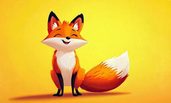 Adorable cartoon fox character in a friendly standing pose set against a vibrant yellow background 2D illustration