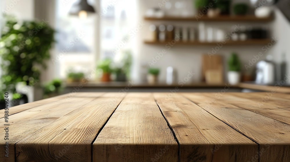 Poster empty horizontal wooden table top with blur background in a kitchen : generative ai
