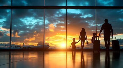 Family of four walking towards sunset with luggage at airport.
