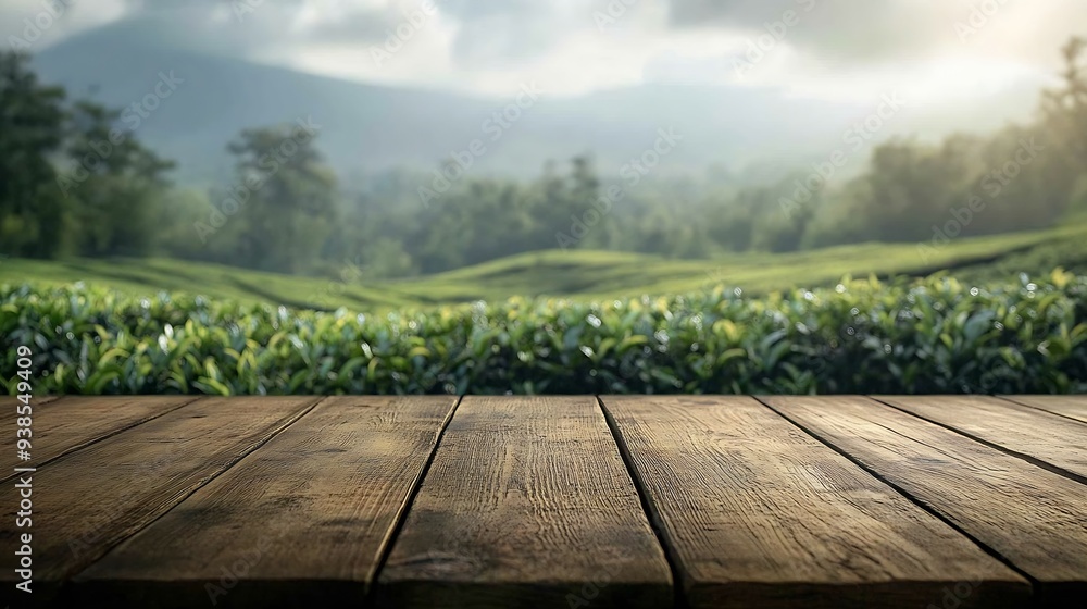 Fototapete the empty wooden table top with blur background of tea plantation exuberant image : generative ai