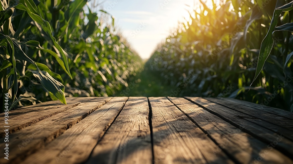 Leinwandbilder The empty wooden table top with blur background of corn field Exuberant image : Generative AI