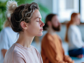 Fototapeta premium People participating in a guided meditation session indoors