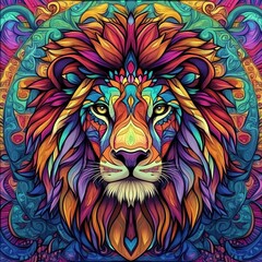 Obraz premium Mandala Lion, vibrant colors, detailed background of an ancient temple with intricate patterns and symbols 