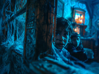 Children in Costumes Exploring Haunted House, Halloween Fun
