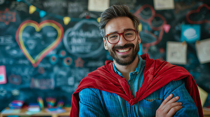 Smiling Male Teacher in Superhero Cape in Classroom