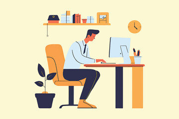 online work concept, business concept, a businessman is at home doing office work on his computer