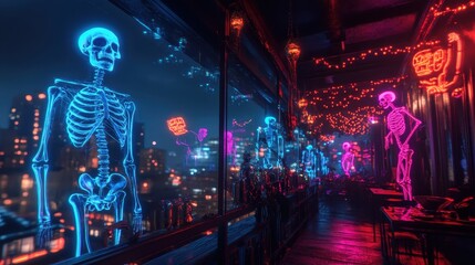 Obraz premium A neon lighted skeleton walkway with a city view in the background