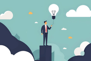 smart businessman holding a balloon light bulb above a tall roof, Big idea to solve a business problem, invention or innovation to drive business growth or work performance concept